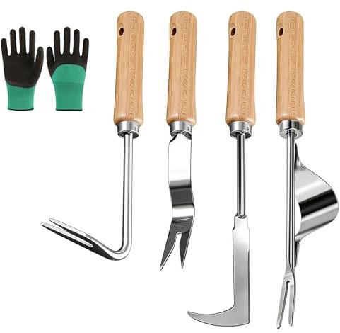 Rylae Estirpatore Erbacce Manuale, 4PCS Strumento per Rimuovere Le Erbacce Acciaio Inox per Rimuovere Muschio a Manico Lungo, Sarchiatore a Forma di V per Giardino Terrazza Orto, Attrezzi da Giardino