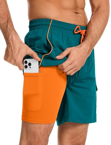 Atforna badbyxor herr långa 2 i 1 badshorts med kompression snabbtorkande ventilerande simbyxor män för pool sjö strand semester och vardag, Påfågelsblå, L