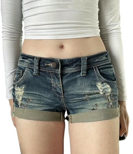 Pantalones Cortos Mujer Shorts Vaqueros Retro De Tiro Bajo para Mujer, Diseño Desgastado Y Roto, Bajos Remangados, Estilo Mini Short, Estilo Y2K.