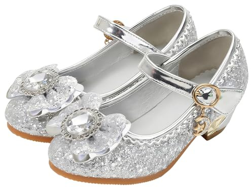 FStory&Winyee Scarpe da Principessa per Bambini Decorazioni a Fiocco Squisite Mary Jane Ballerine con tacchi alti Festa Carnevale Natale Cosplay Halloween Cerimonie Speciali,Argento,27