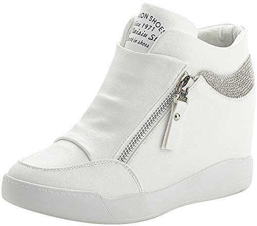 rismart Mujer Cuña Plataforma Botín Elegante Deportivos Zapatillas Zapatos SN15018(Blanco,35.5 EU)