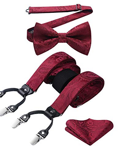 HISDERN Tirantes Hombres Paisley Burdeos en Forma de Y con 6 Clips Conjunto de Tirante y Pajaritas Ajustables para Hombre