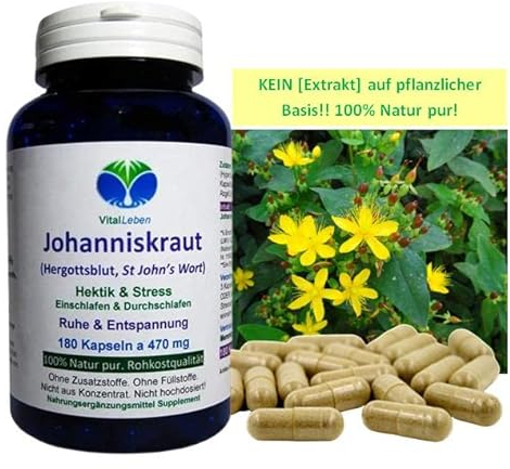 JOHANNISKRAUT natürliches Hypericin [KEIN EXTRAKT] 180 Kapseln - Nerven Balance bei Hektik & Überforderung - innere Ruhe & Entspannung [100% NATUR PUR] 26835-180
