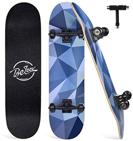 BELEEV Skateboards for Beginners, 31 Inch Complete Skateboard for Kids Teens Adults, 7 Layer Canadian Maple Double Kick Deck Concave Cruiser Trick Skateboard (Grey)