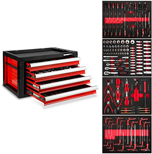 EBERTH Caisse à Outils Pleine, 135 pièces, Armoire à Outils métallique avec 4 tiroirs, Rails télescopiques, Extension Totale, verrouillable, boîte à Outils équipée, revêtement par Poudre Rouge