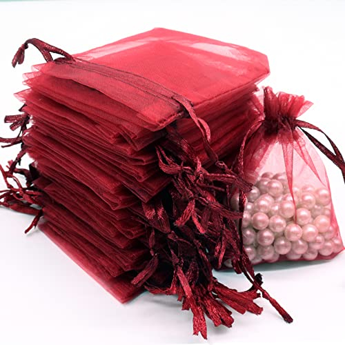 Leeyunbee 100 Stück Weinrot Organzasäckchen 7 x 9 cm Organzabeutel, Säckchen Geschenk Schmuck Hochzeit Bonbonsbeutel Für Festival Party und Hochzeit, Satin-Kordelzug