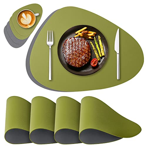 NOSTHEART Tischsets Abwaschbar 4er Set, Platzsets Abwischbar Tischsets Leder Rund Hitzebeständig rutschfest Platzdeckchen mit Untersetzer, Doppelseitigen - Grün Grau