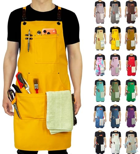 Stenffy Küchenschürze,Arbeitsschürze,Leinwand,mehrere Taschen,Gartenarbeit,Malerei,Grillen,Tischler,Größen M bis XXL,Gelb