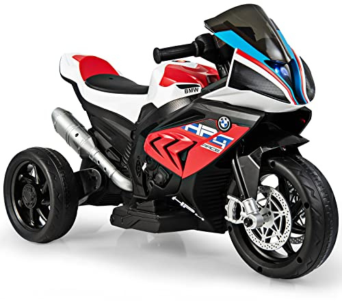 COSTWAY 6V BMW Elektro Motorrad mit Musik und Scheinwerfer, Dreirad Kindermotorrad bis 3km/h, Elektromotorrad mit 2 Stützrädern, geeignet für Kinder ab 3 Jahre alt (Rot)