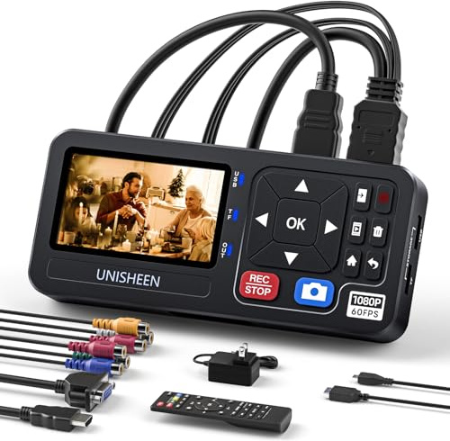 Unisheen HD Video Capture Box 1080P 60FPS Video to Digital Converter with 3 Screen, 4K HDMI/CVBS/VGA/YPBPR Inputs Video Recorder Capture from VCR, DVD, VHS Tapes, Hi8, Camcorders, Gaming Systems