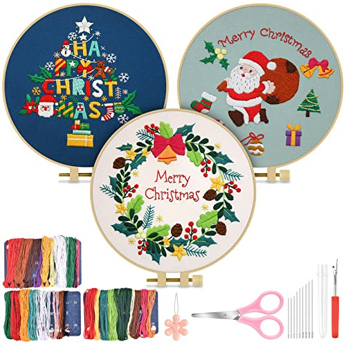 TINDTOP Kit da ricamo natalizio per adulti principianti, 3 set di kit per pratica del punto da ricamo, include tela da ricamo, fili per amanti del fai da te (Babbo Natale, albero e ghirlanda)