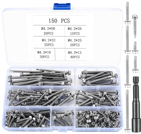 Tornillos Autotaladrantes de Cabeza Hexagonal, 150 Piezas M4,2 Tornillos de Chapa de Autotaladrado, Con 1 Llave de Cabeza Hexagonal, Ajuste para Acero, Madera(M4.2-150 Piezas)