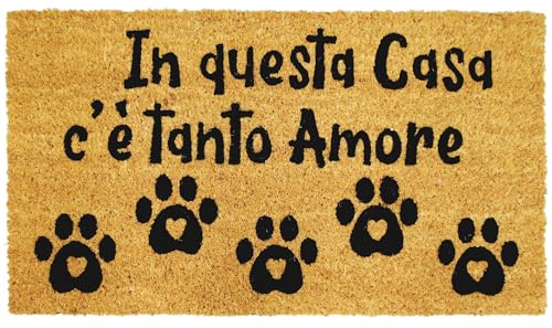 Comart - Zerbino Cute in Cocco - 40x70 cm - Tappeto con Scritte Divertenti su Cani e Gatti - per Ingresso Esterno e Interno - Simpatico Regalo per Entrata di Casa - Antiscivolo - Tanto Amore