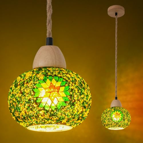Turkish Moroccan Mosaic Hanging Lamp – Hardwired Pendant Light Fixture with 4.6FT Hemp Rope & Solid Wood, Handmade Stained Glass Tiffany Style Ceiling Chandelier for Bedroom Living Room Decor