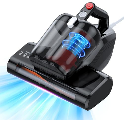 JPHYLL Aspiradora Antiácaros para Colchones con Luz UV-C de 253.7nm 16Kpa Succión Filtro HEPA Calentamiento Función 40000 RPM/Min Rotación Aspirador de Ácaros Elimina el 99.9% de Alérgenos 600W Cable