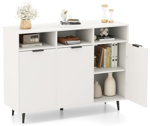 COSTWAY Credenza Buffet da Cucina con 3 Ante e 3 Ripiani Regolabili a 5 Livelli, Credenza Bassa con 3 Scomparti Aperti, Mobile Buffet per Salotto e Soggiorno, 120 x 40 x 90 cm, Bianco