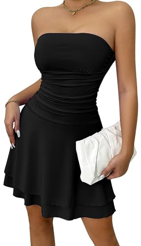 Ausing Abito Aderente con Spalle Scoperte Donna Sexy Vestito Discoteca Corto Abiti Party Cocktail Elegante Mini Tubino Senza Spalline Maniche Schienale Abito Increspato Plissettato Bodycon Sera Nero L