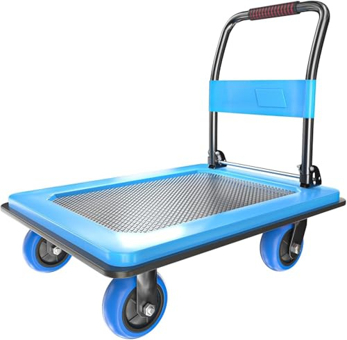 NiceyCare Foldable Platform Truck w/ 500kg Capacity-90×60CM Push Cart w/13CM TPR Wheels, Steel Platform, 3-Second Folding Hand Truck for Warehouses, Homes | Space-Saving Transport Trolley, Blue