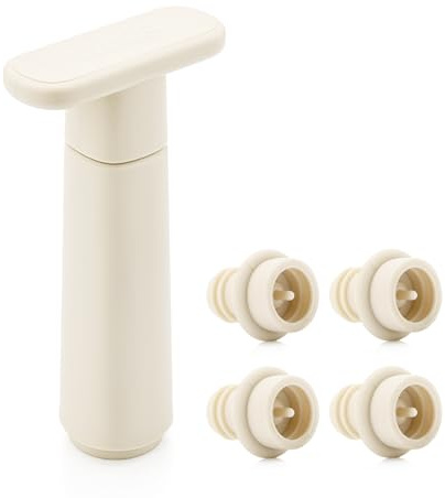 WOTOR Wine Saver Vacuum Pump with 4 Stoppers, Wine Stopper & Preserver, Reusable Bottle Sealer Keeps Fresh, Ideal Accessories Gift, Flat Handle (Cream)