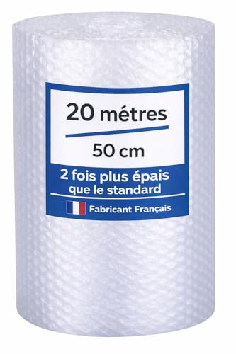 Rouleau Papier Film à bulles - 20 mètres x 50 cm - FABRIQUÉ EN FRANCE - Idéal Emballage Déménagement et Expédition Colis - Papier Bulle Épaisseur Renforcée