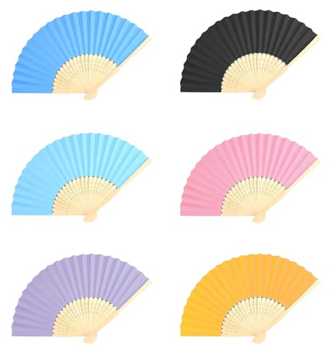 Lotnery 6Pcs Paper Fans with Bamboo Handles, for Parties, Weddings, DIY Crafts and Cooling Relief, Multicolour Portable Fans for Gifts and Decor