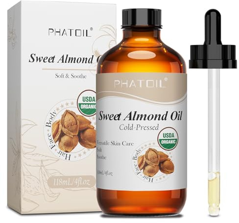 Organic Sweet Almond Oil 118ml – 100% Pure and Natural Cold-Pressed Sweet Almond Carrier Oils for Skin, Hair, Face, Nails, Massage, USDA Certified