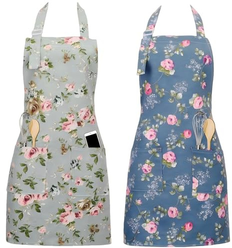 Chsukozic Schürze Damen Kochschürze 2er Set - Küchenschürze Damen Blumen (73x65cm) mit 2 Taschen - Kittelschürze Oma, Kochschürze & Apron Geschenk