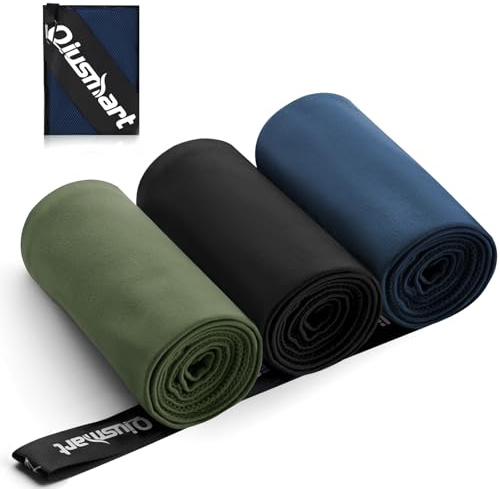 Lot de 3 serviettes en microfibre (70 x 140 cm) - Séchage rapide et compactes - Pour voyage, bain, fitness, plage et sport (bleu marine + noir + vert armée)