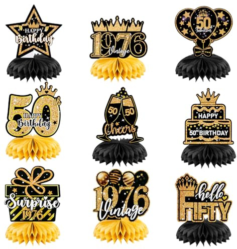 OSDUE Cumpleaños Mesa Panal Centros, 9 Piezas Decoraciones para Cumpleaños Fiestas Adornos Negros y Dorados, Regalos para 50 Años Cumpleaños y Aniversario A