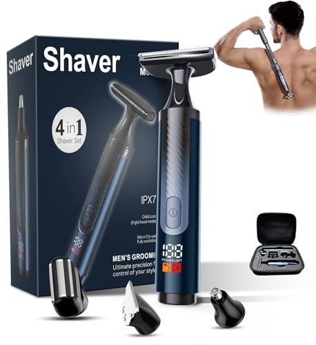 WUXO Afeitadora de espalda para hombre, afeitadora de espalda para hombre con funda de viaje, pantalla LED ultra ancha de 2 pulgadas, cabeza en forma de T con mango largo, bloqueo de seguridad, IPX7
