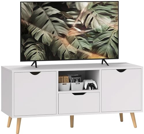 HOMCOM Mueble de TV, Mesa de TV con Cajón, 2 Puertas y Estante Abierto, Patas de Madera, para Televisores hasta 50 Pulgadas, Largo de 110 cm, para Salón, Dormitorio, Blanco