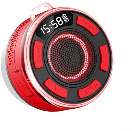 Altoparlante impermeabile IPX7 per doccia con suono surround a 360°, luci RGB e radio FM, ventosa rimovibile per bagno o uso esterno, nero (rosso)
