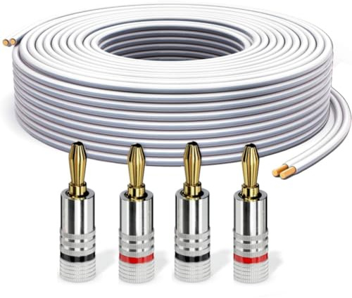 PureLink Câble haut-parleur avec fiches banane, câble audio OFC 2x2,50mm² (0,20mm), 10,0m, 4 fiches, cuivre pur pour enceintes HiFi et caisson de basses, repérage de polarité, blanc