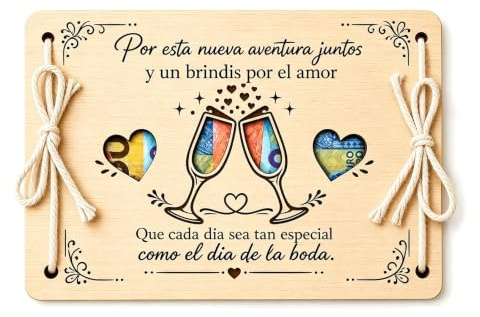 AHEJIOO Ideas Dar Dinero Boda Tarjeta Felicitacion Boda Con Sobre | Tarjeta de madera 21 x 15 cm con sobre regalo boda, corazones para billetes y dedicatoria de boda