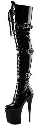 Veelau Meieer Women's Overknee Lace-Up Platform Stiletto Boots, Black lacquer, 8 UK