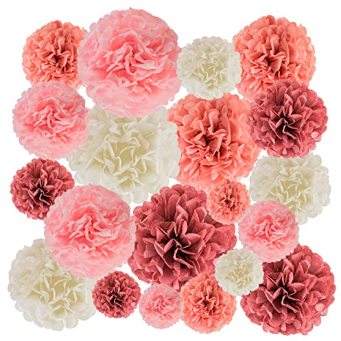 EpiqueOne 20 Stück Tissue Paper Pom Poms | Blush Pink, Dusty Rose, Mauve & Cream | Bunte Papierblume Wanddekorationen für Bridal Showers, Baby Showers, Hochzeiten, Graduierungen, Tee-Partys & mehr