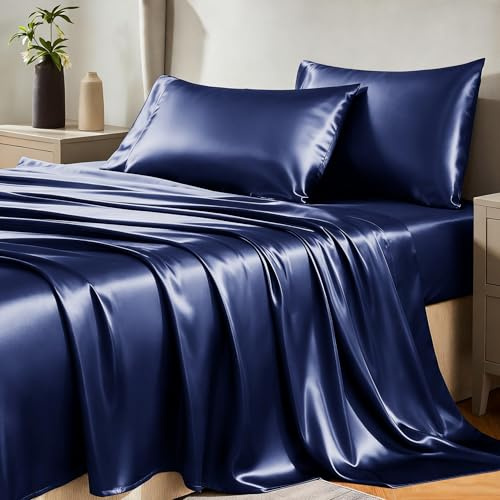 CozyLux Satin Sheets Queen Size Bed Set - 4 Piece Silky Queen Sheet Set, Luxury Navy Blue Queen Sheets with Smooth and Soft Microfiber, Includes 1 Fitted Sheet, 1 Flat Sheet and 2 Pillowcases