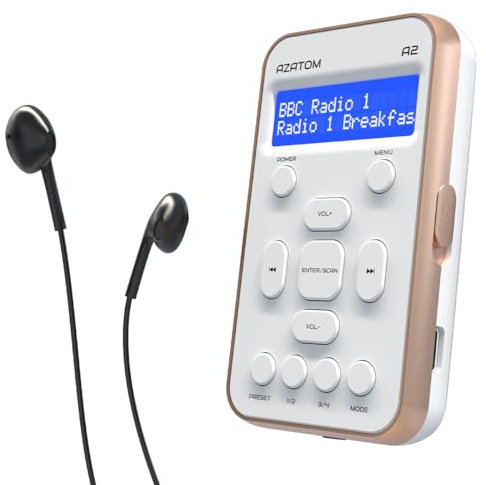 Portable DAB/DAB+ & FM Digital Radio | Sports Earphones Included | Clear Digital Display | Rechargeable Battery (10-12 Hours) | Perfect for Sports, Hiking or Working | AZATOM A2 (White/Rose Gold)