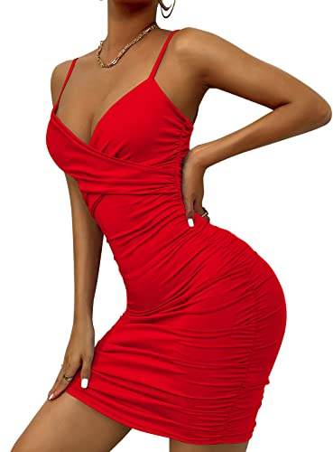 AIEOE Bodycon Bretelles Robe Sexy Femme avec Col en V et Dos Nu Élégant Court Taille XS-L