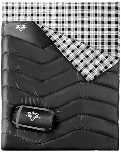 ETGLCOZY XL Queen Size 2 Person Double Sleeping Bag for Adults, Lightweight Compact with Flannel Liner & Thermolock Draft Tube, Machine Washable All Season Camping Travel(Black/White)