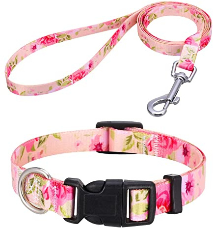 Mihqy Dog Collar and Leash Set, for Large Dogs, Pink Rose Set,L | with Floral Patterns, Adjustable for Small Medium Large Dogs, Comfortable for Walks and Outdoor Hikes