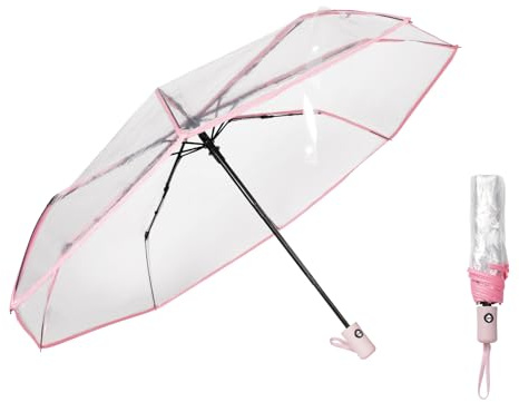 Pumwoy Transparenter Regenschirm, Dreifach Faltbarer Regenschirm Winddicht, Reise-Regenschirm Schirm transparent für Fotografie-Requisiten, Partys, Hochzeiten (Rosa)