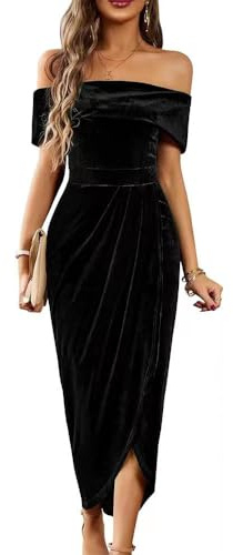 Off The Shoulder Vintage Velvet Bodycon Midi Dress for Women Wrap Slit Elegant Cocktail Party Evening Pencil Dress (L,Black)