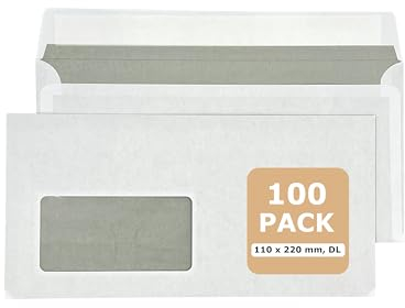 PAKNOR® 100 Briefumschläge mit Fenster, DIN lang - 220x110mm, mit Laser bedruckbar, selbstklebender Briefumschlag mit Fenster, Weiße Umschläge mit grauem Innendruck, (weiß/mit Fenster)