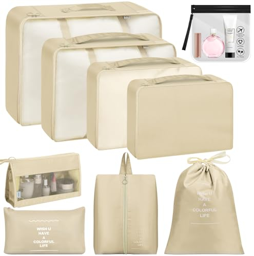 Koffer Organizer Set,9 Teilige Packing Cubes,Wasserdichte Reise Kleidertaschen, Packwürfel Packtaschen Set für Reise mit Transparentes Kulturbeutel, Kleidertaschen für Koffer,Beige