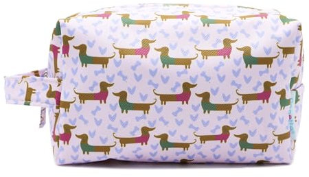 PONETTE - Neceser Infantil en Tejido Rosa con Divertido Estampado de Perros Teckel con Jersey, Huesos y Corazones, Niño, Niña, Viaje, Estuche, Bolsa, Piscina, Colegio, Marca Española