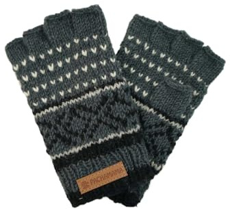 Pachamama Män 100 % ull fingerlösa handskar handstickade Fair Isle mönster en storlek handgjorda termiska extra varma rättvis handel, Träkol, en storlek