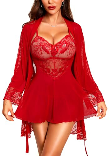 RSLOVE Nuisette Femme Lingerie Babydoll - Sexy Robe de Nuit en Dentelle Ensemble de Chemise Rouge L