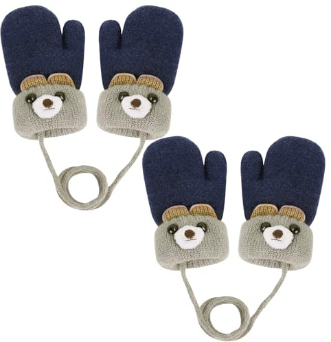 TUONYIS 2 Pares Guantes Invierno Niños Manoplas, Lindos Guantes Termicos de Punto con Forro Peludo para Colgar en el Cuello para Niñas y Niños de 0 a 3 Años (Azul marino)
