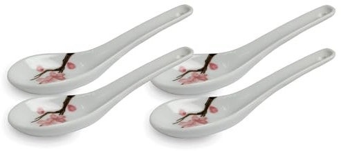 Grey Series ASIATICA-Sakura | Porzellan-Löffel-Set Asien | 14,5 cm - Reis-Löffel - Suppen-Löffel, Servier-Löffel, Dessert-Löffel - Spoon-Set Ramen - Kirschblüte (4er Set grey)